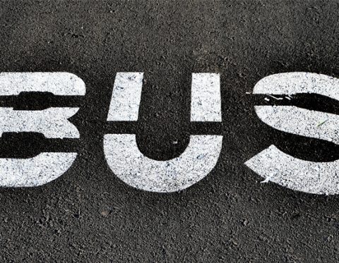 Asfalto con la palabra Bus pintada de blanco